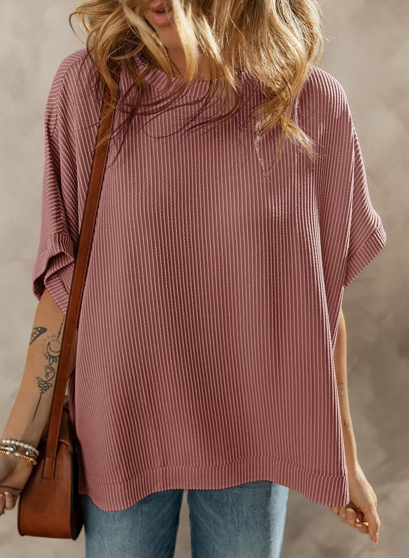 Dokotoo Womens Ladies Oversized T Shirts for Women 2026 Fahion Short Sleeve Crewneck Tunic Texture Knit Tops Casual Solid Summer Loose Fitting Trendy Slouchy Tee Shirts Mineral Red X-Large - Image 3