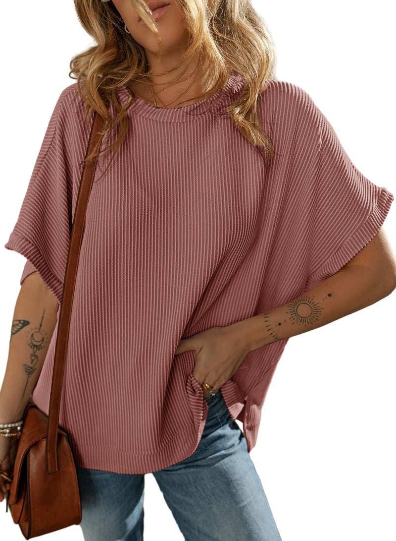 Dokotoo Womens Ladies Oversized T Shirts for Women 2026 Fahion Short Sleeve Crewneck Tunic Texture Knit Tops Casual Solid Summer Loose Fitting Trendy Slouchy Tee Shirts Mineral Red X-Large - Image 1