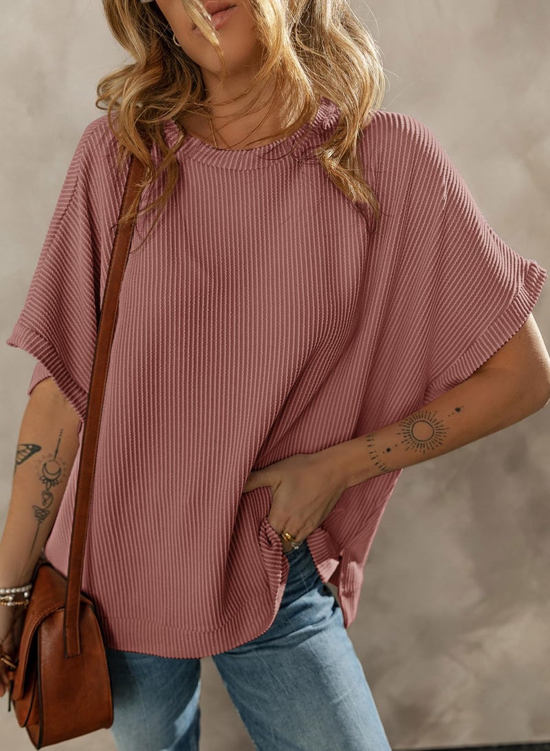 Dokotoo Womens Ladies Oversized T Shirts for Women 2026 Fahion Short Sleeve Crewneck Tunic Texture Knit Tops Casual Solid Summer Loose Fitting Trendy Slouchy Tee Shirts Mineral Red X-Large - Image 2