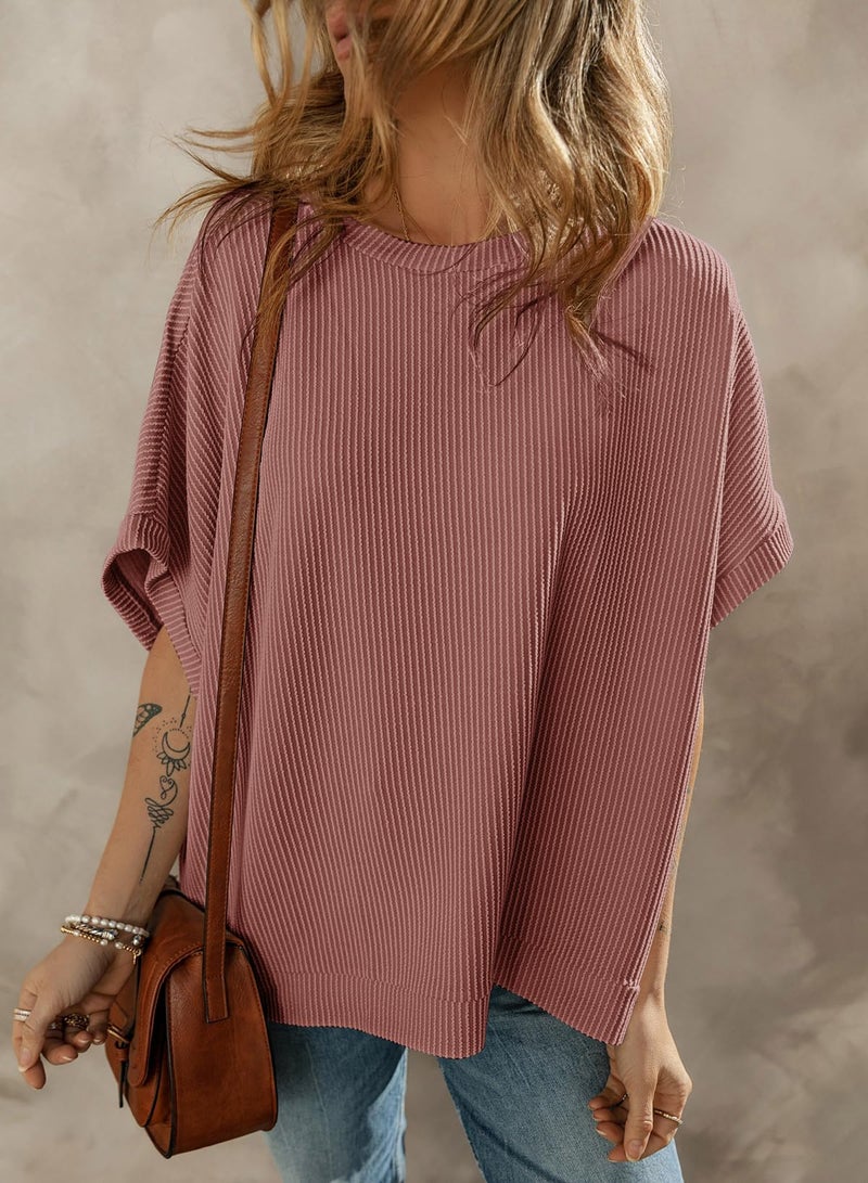 Dokotoo Womens Ladies Oversized T Shirts for Women 2026 Fahion Short Sleeve Crewneck Tunic Texture Knit Tops Casual Solid Summer Loose Fitting Trendy Slouchy Tee Shirts Mineral Red X-Large - Image 4