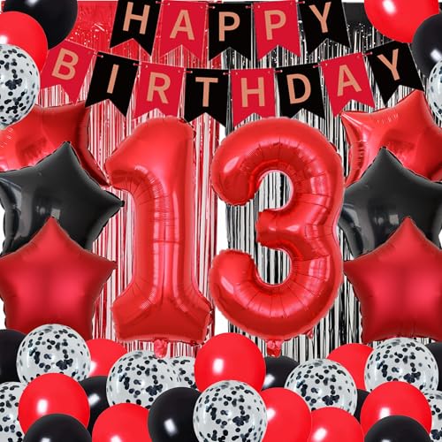 DUFACAI 13th Birthday Party Decorations for Boys 13th Happy Birthday Banner Red and Black Foil Fringe Curtains Backdrop 32 Inch Number 13 Balloons 10 Inch Latex Balloons for 13 year old Boy Girl Party Black - Image 1