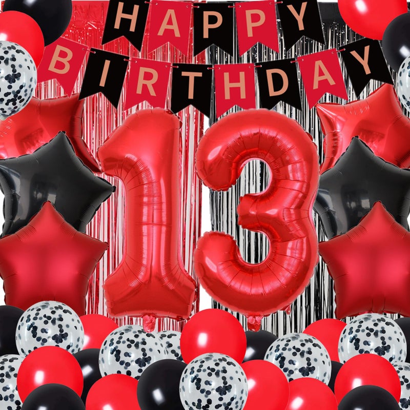 DUFACAI 13th Birthday Party Decorations for Boys 13th Happy Birthday Banner Red and Black Foil Fringe Curtains Backdrop 32 Inch Number 13 Balloons 10 Inch Latex Balloons for 13 year old Boy Girl Party Black - Image 3