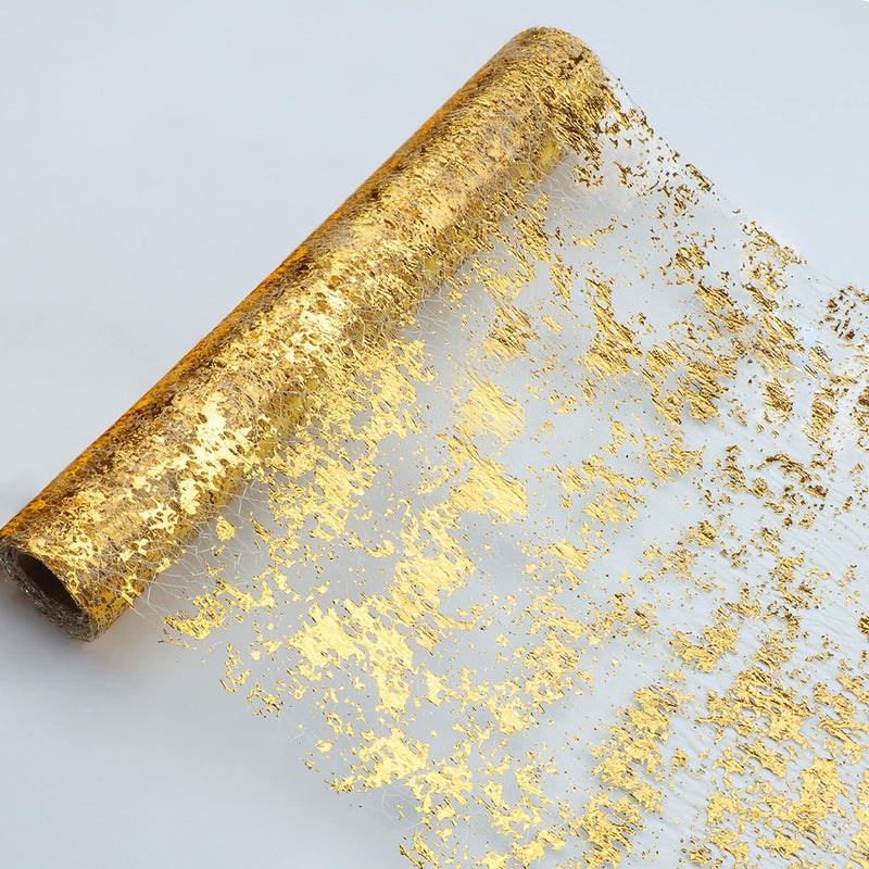 Snowkingdom Glitter Metallic Gold Table Runner 11 Inch x 100 Feet Thin Mesh Sparkle Runner Roll Table Decorations for Wedding Bridal Shower Baby Shower Christmas Birthday Party
