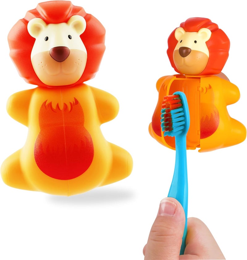 Flipper Fun Animal Lion Toothbrush Cover, One Touch Open & Close,Suction Cup Toothbrush Holder for Mirrors, Glass or Tiles,Dust-proof Adorable Easy to Use,Made in Malaysia,Patented Design 3Y+ - Image 1