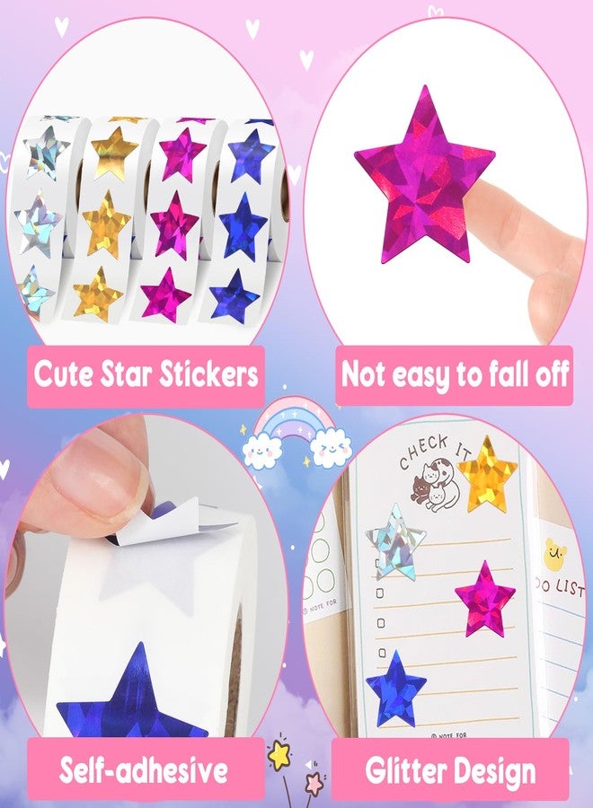 VZZNN 2000 PCS Holographic Star Stickers, Self Adhesive Metallic Glitter Foil Stickers Reflective Star Stickers, Ideal for Student Planners and Classroom Supplies, Each Measures 1” - Image 3