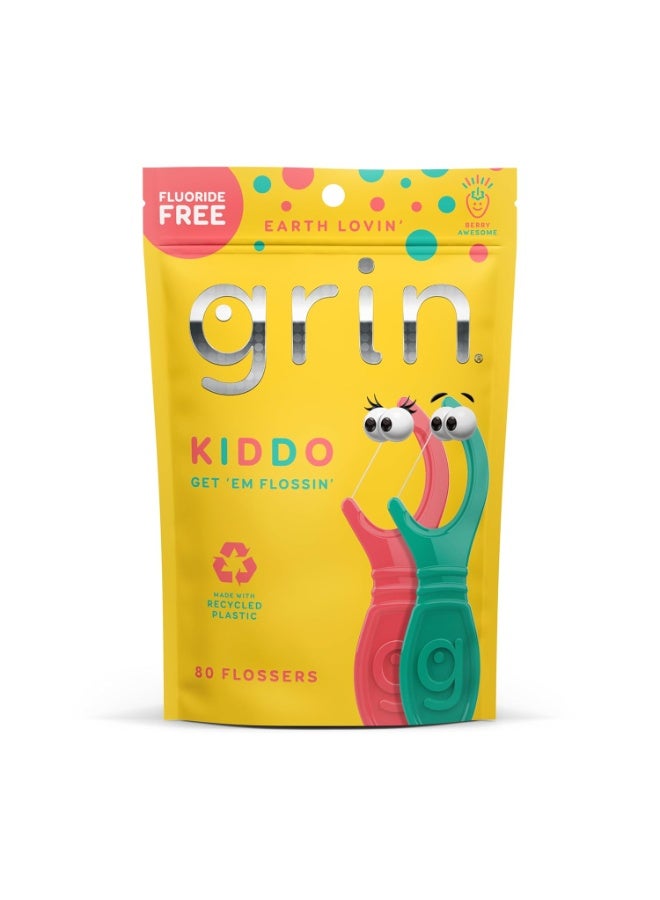 خيوط أسنان GRIN Kiddo، نكهة التوت الرائعة، بلاستيك معاد تدويره، مقبض كبير، اجعل أطفالك يستخدمون الخيوط مبكرًا، رأس خيط أكبر، آمن للأطفال! 80 قطعة، أعواد خيط الأسنان، خيوط الأسنان