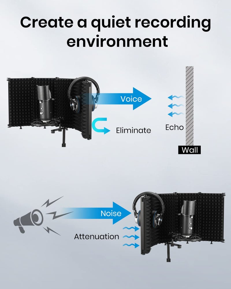 Moukey Microphone Isolation Shield, Foldable Mic Shield with Triple Sound Insulation, Reflection Filter with 3/8" and 5/8" Mic Threaded Mount for Recording Studio, Podcasts, Singing, and Broadcasting - Image 2