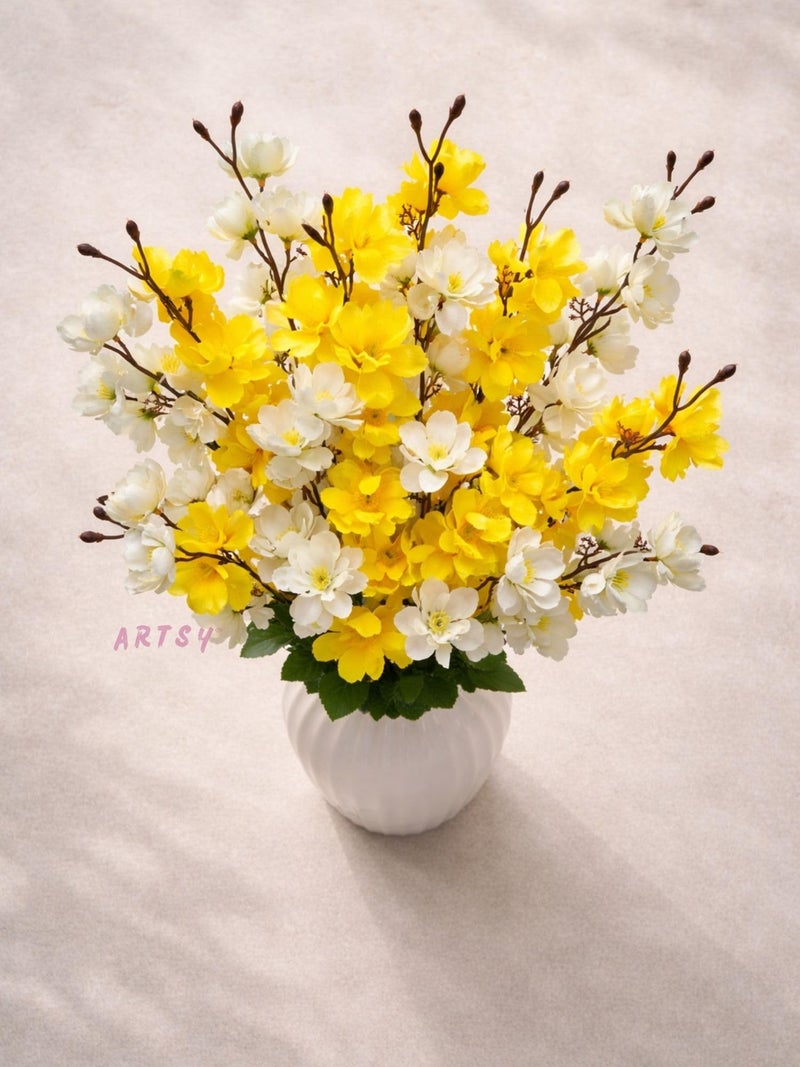 ARTSY® Artificial Flowers Bunch for Decoration Cherry Blossom, Ideal for vase, Home, Office Decor, Gifts, Craft, Artificial Plants for Decoration, Without vase, Yellow Mix, 55 cm Height, Fabric | - Image 2