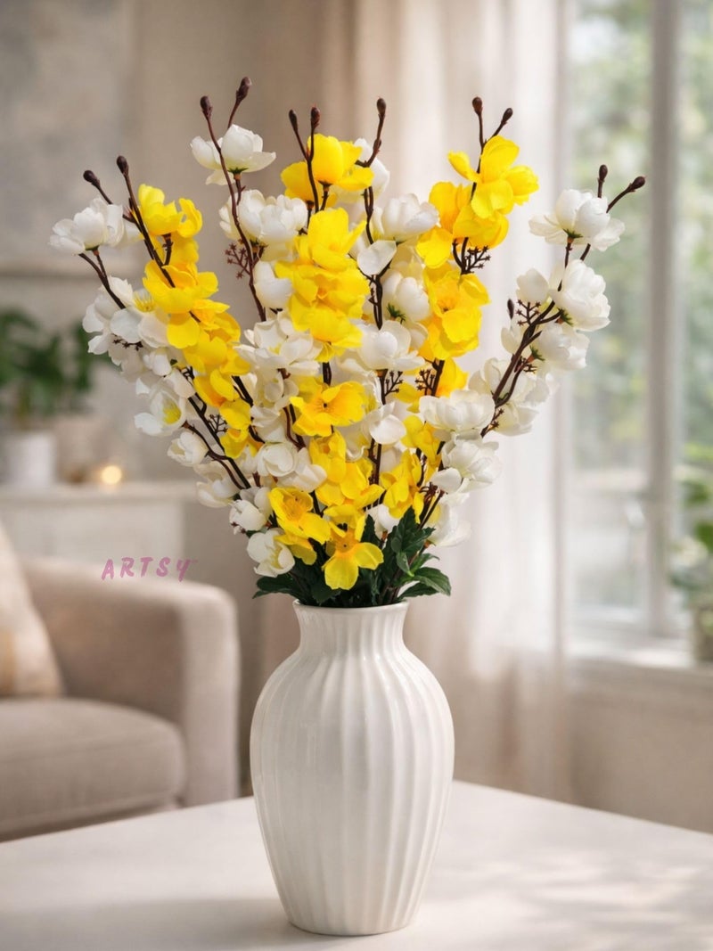 ARTSY® Artificial Flowers Bunch for Decoration Cherry Blossom, Ideal for vase, Home, Office Decor, Gifts, Craft, Artificial Plants for Decoration, Without vase, Yellow Mix, 55 cm Height, Fabric | - Image 1