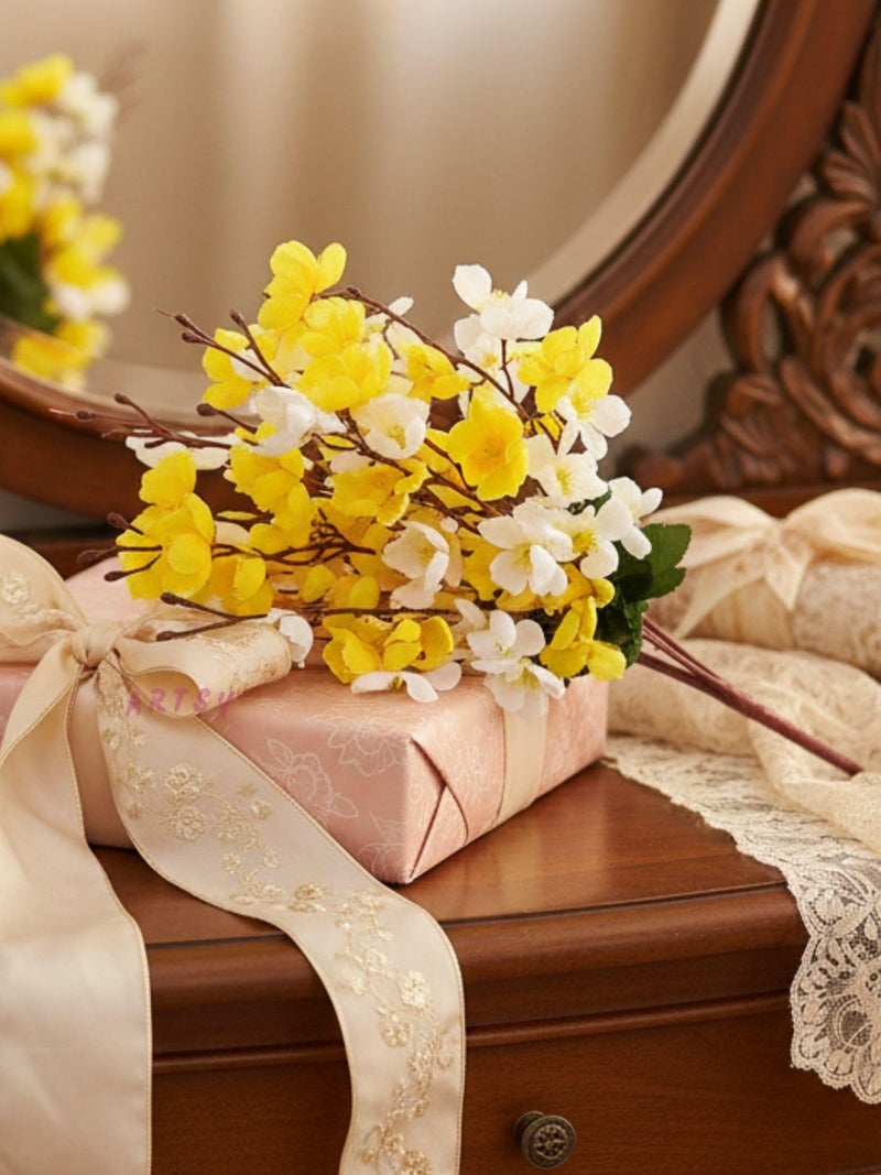 ARTSY® Artificial Flowers Bunch for Decoration Cherry Blossom, Ideal for vase, Home, Office Decor, Gifts, Craft, Artificial Plants for Decoration, Without vase, Yellow Mix, 55 cm Height, Fabric | - Image 4