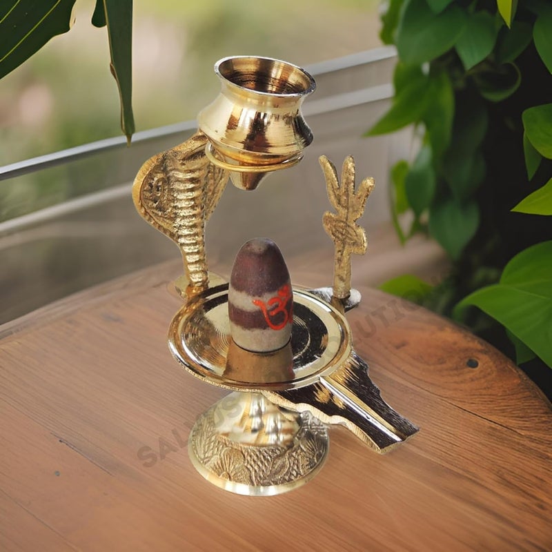 Salvus APP SOLUTIONS Brass Natural Stone Narmadeshwar Shiva Ling with Small Golden Trishul Temple 18x38 Inch - Image 1