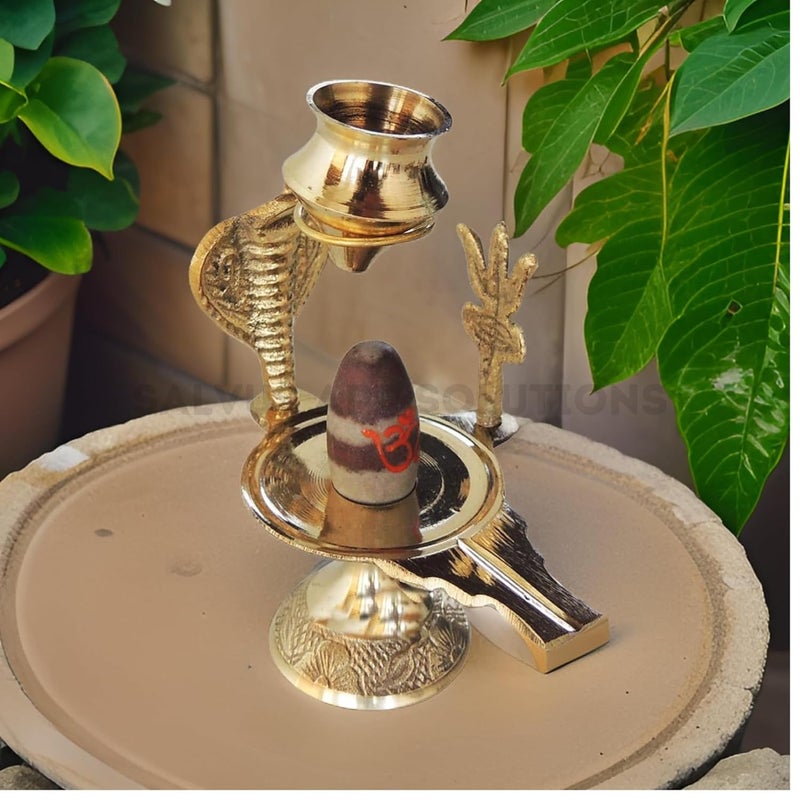 Salvus APP SOLUTIONS Brass Natural Stone Narmadeshwar Shiva Ling with Small Golden Trishul Temple 18x38 Inch - Image 5