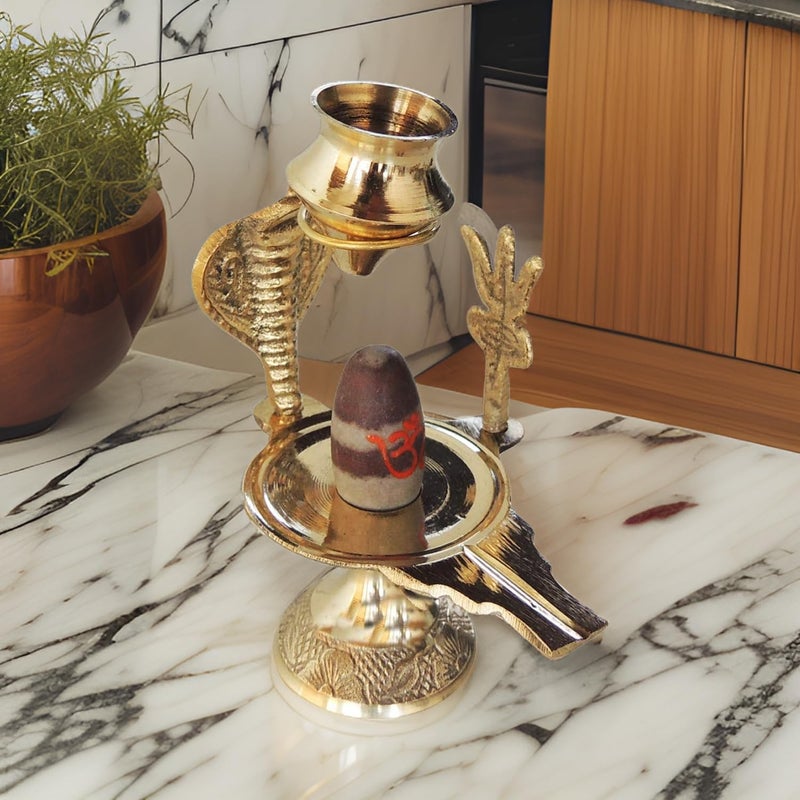 Salvus APP SOLUTIONS Brass Natural Stone Narmadeshwar Shiva Ling with Small Golden Trishul Temple 18x38 Inch - Image 4