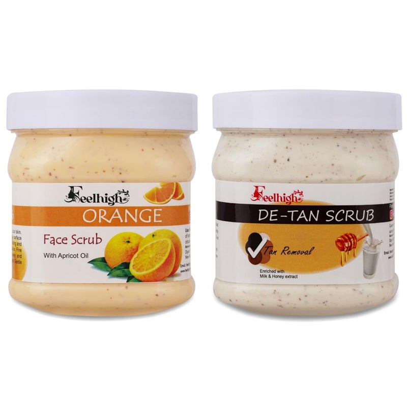 FEELHIGH Face and Body Orange Scrub Enriched with orange peel extract 500ml and Detan Scrub Enriched with Milk  Honey extract For Man and Woman Pack 2 Scrub - Image 1