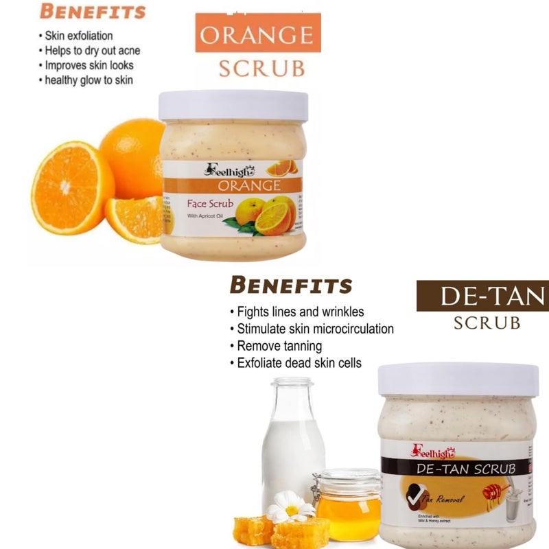 FEELHIGH Face and Body Orange Scrub Enriched with orange peel extract 500ml and Detan Scrub Enriched with Milk  Honey extract For Man and Woman Pack 2 Scrub - Image 2