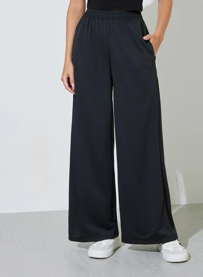 ستايلي Black Wide Leg Pants with Elastic Waistband