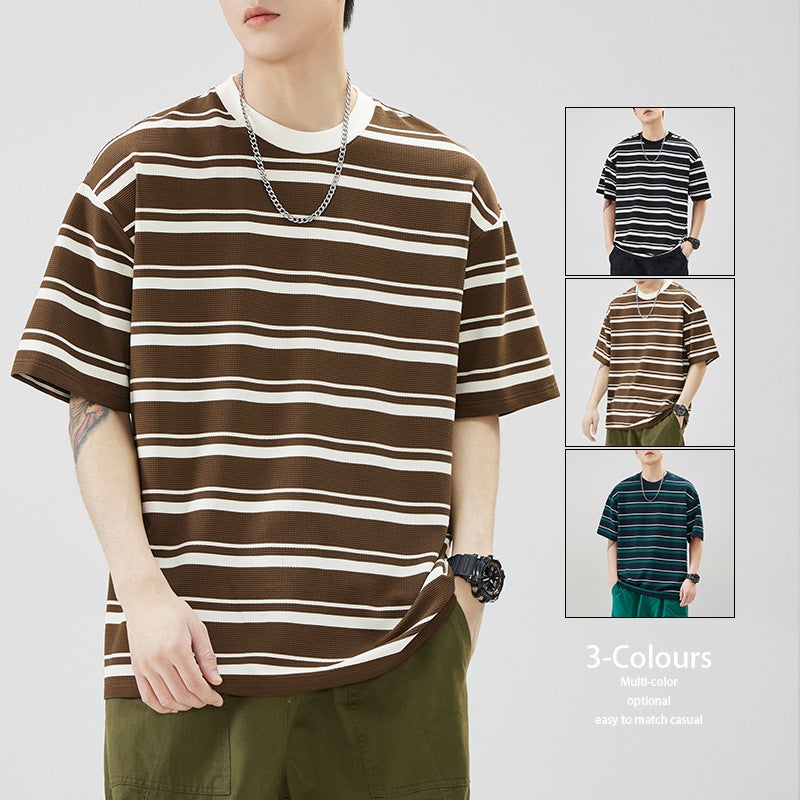 Fashionable American Simple Stripesd Round Neck T-Shirt For Men, Versatile Loose Round Neck Short-Sleeved Casual Youth Trendyy Cool And Handsome T-Shirt - Image 2