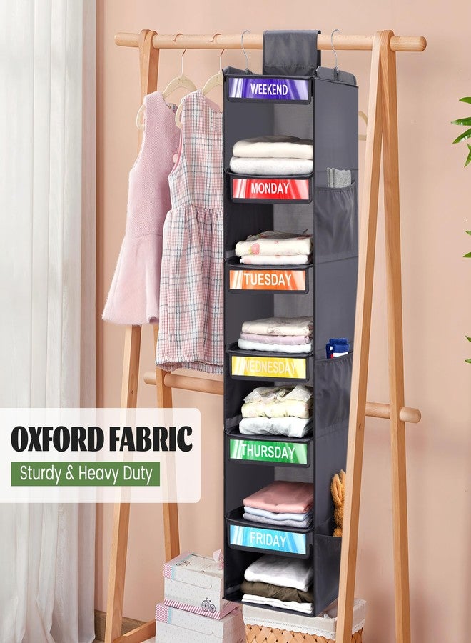 Fivebop 2 Pack 6-Shelf Weekly Clothes Organizer for Kids, Hanging Daily Closet Organization with 6 Side Pockets, Days of The Week Clothing Divider Storage for Boys and Girls (Grey) - Image 4