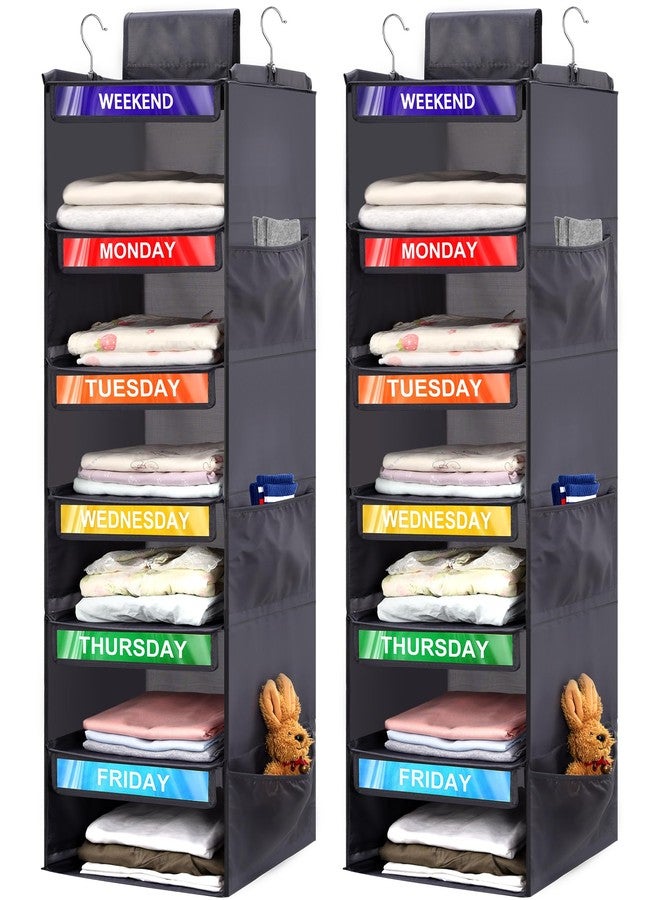 Fivebop 2 Pack 6-Shelf Weekly Clothes Organizer for Kids, Hanging Daily Closet Organization with 6 Side Pockets, Days of The Week Clothing Divider Storage for Boys and Girls (Grey) - Image 1