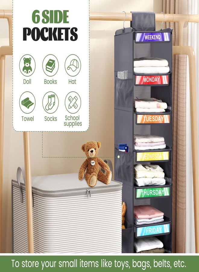 Fivebop 2 Pack 6-Shelf Weekly Clothes Organizer for Kids, Hanging Daily Closet Organization with 6 Side Pockets, Days of The Week Clothing Divider Storage for Boys and Girls (Grey) - Image 5