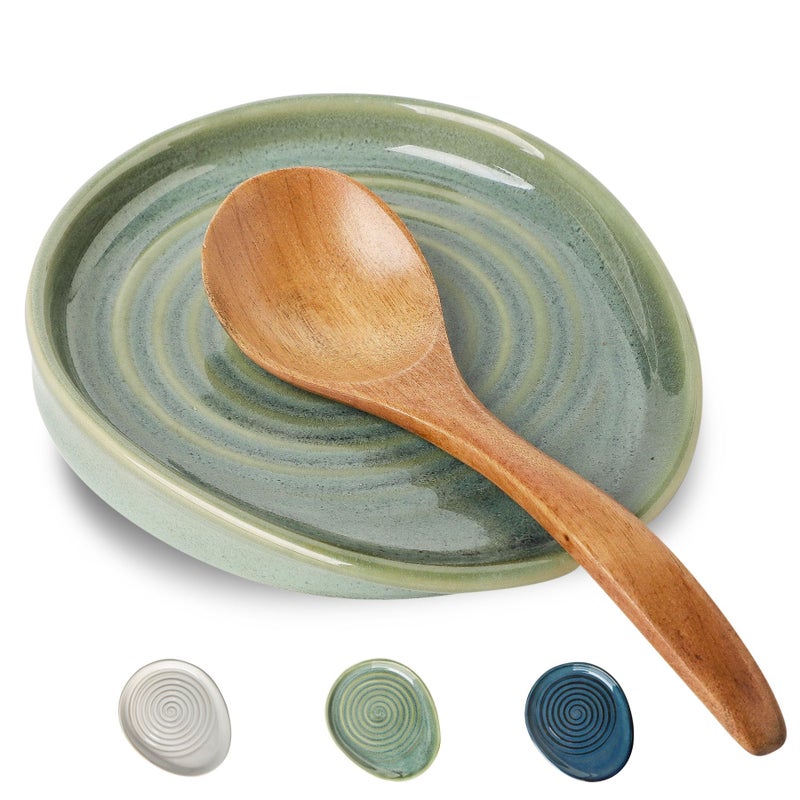 Seyatoo Ceramic Spoon Rest for Stove Top, Spoon Holder for Kitchen Counter, Farmhouse Cooking Utensil Holder for Spoons, Ladles, Spatula, Glazed Green - Image 1