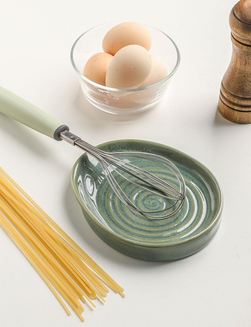 Seyatoo Ceramic Spoon Rest for Stove Top, Spoon Holder for Kitchen Counter, Farmhouse Cooking Utensil Holder for Spoons, Ladles, Spatula, Glazed Green - Image 4