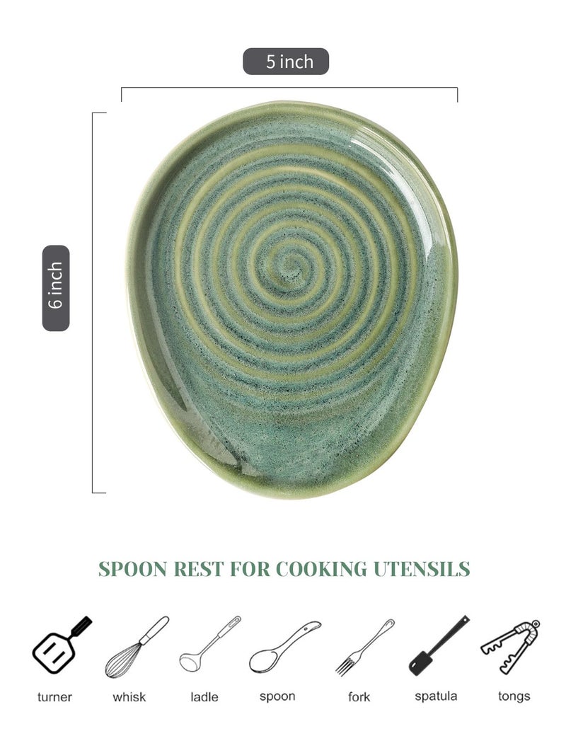 Seyatoo Ceramic Spoon Rest for Stove Top, Spoon Holder for Kitchen Counter, Farmhouse Cooking Utensil Holder for Spoons, Ladles, Spatula, Glazed Green - Image 2