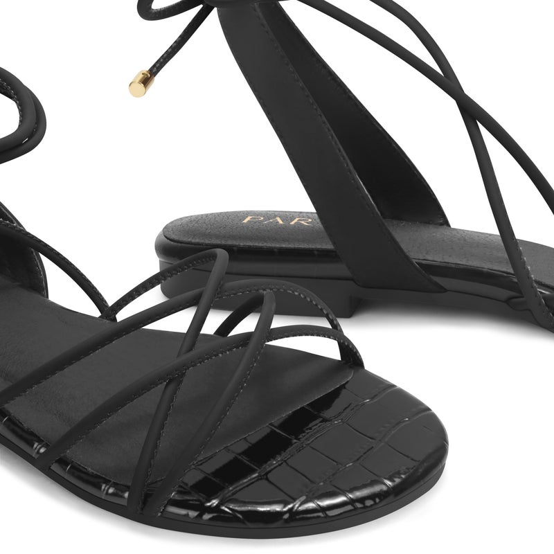 PARTY Women's Strappy Sandals Gladiator Lace Up Flats Summer Wrap Open Toe Tie Up Shoes, Black, 9 - Image 5