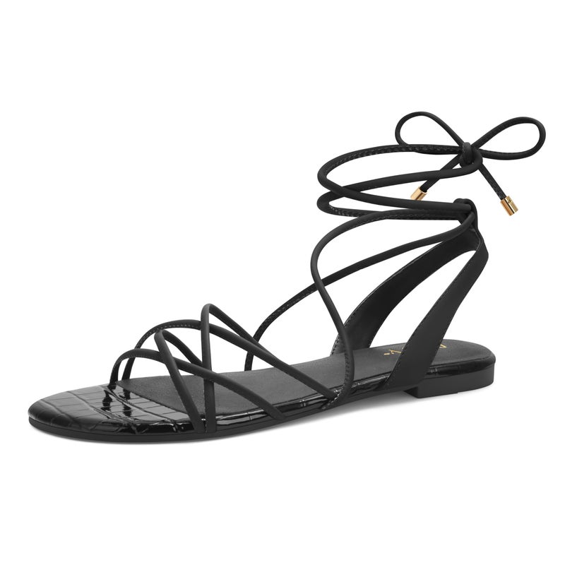 PARTY Women's Strappy Sandals Gladiator Lace Up Flats Summer Wrap Open Toe Tie Up Shoes, Black, 9 - Image 1