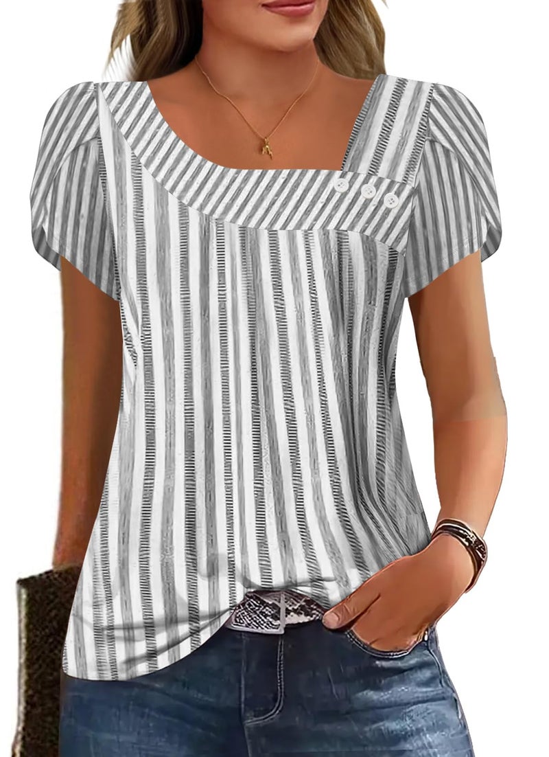 SAUKOLE Summer Tops for Women Short Sleeve Square Neck Tshirts Ladies Workout Blouses Casual Fashion Tees - Image 1