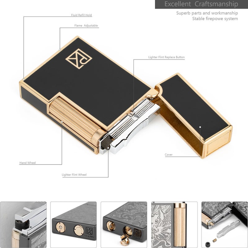 KUBOY Soft Flame Black Gold Flint Wheel Butane Refillable Gas Metal Lighter - Image 4
