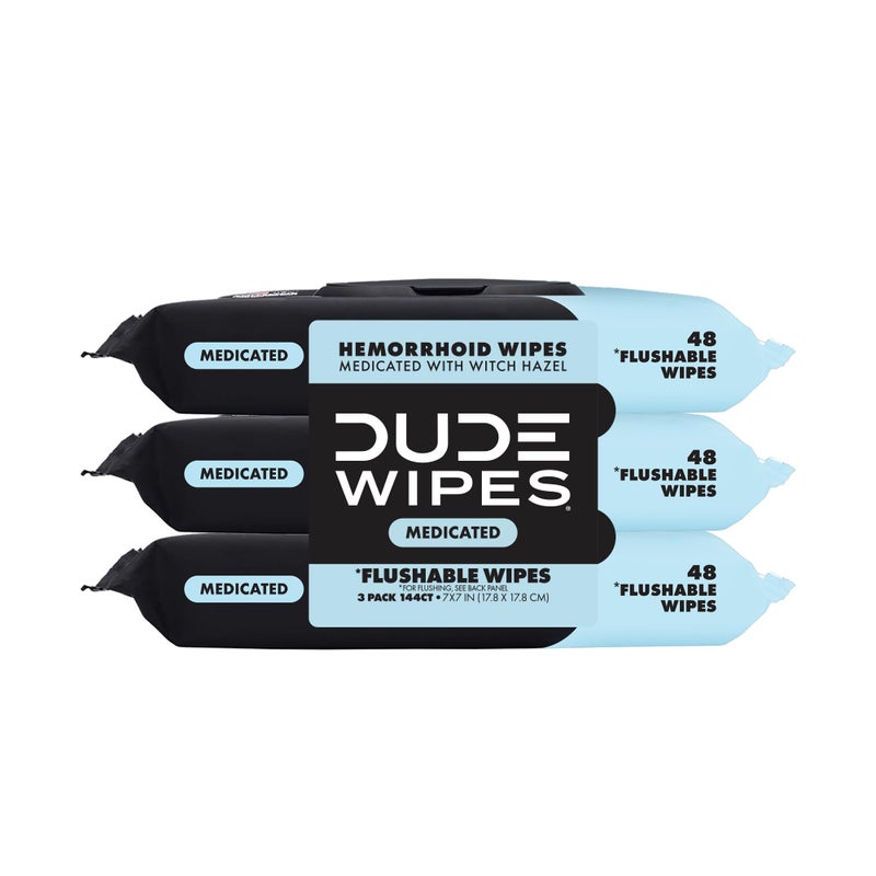 DUDE Wipes Medicated Flushable Wipes 3 Pack 144 Wipes Unscented ExtraLarge Adult Wet Wipes Medicated Witch Hazel Septic and Sewer Safe