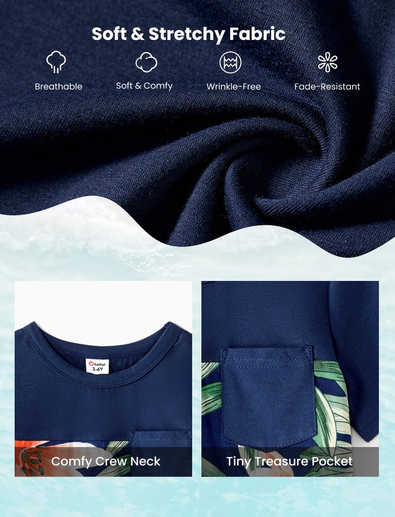 PATPAT Matching Family Shirts Matching Hawaiian Outfits for Family Tropical Floral Palm Leaf Print Vacation Beach Boy Short Sleeve T Shirts Dad and Son Matching Shirts Green Floral Toddler Boy 4t 5t - Image 5