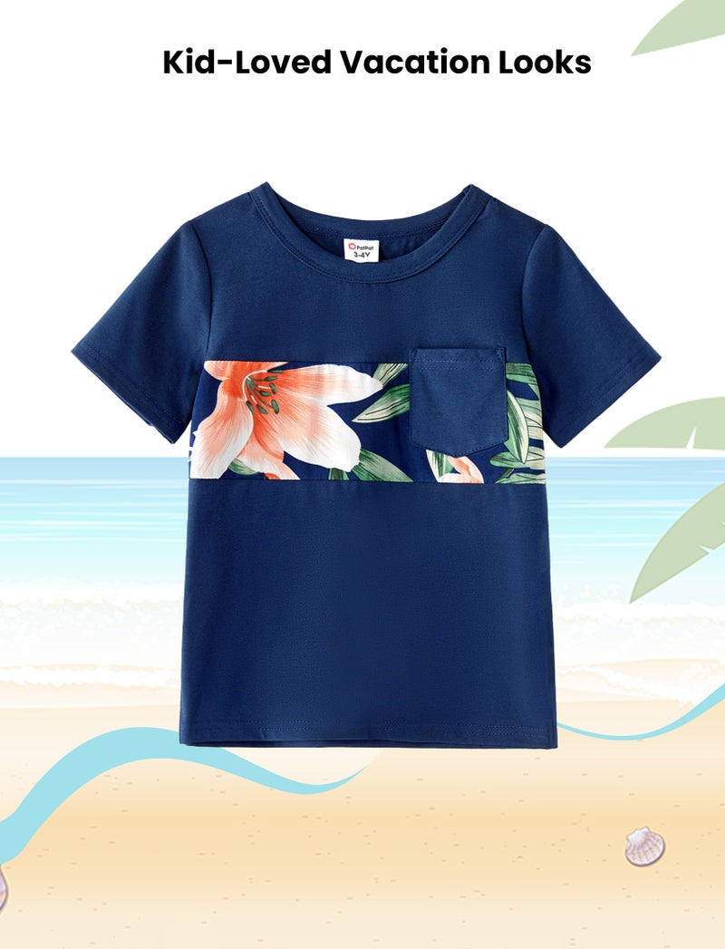 PATPAT Matching Family Shirts Matching Hawaiian Outfits for Family Tropical Floral Palm Leaf Print Vacation Beach Boy Short Sleeve T Shirts Dad and Son Matching Shirts Green Floral Toddler Boy 4t 5t - Image 4