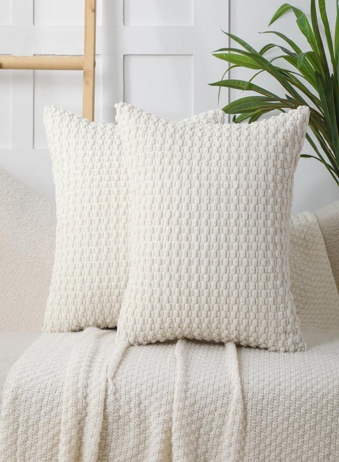 WOKANI Corduroy Cream White Throw Pillow Covers 18x18 Set of 2, Decorative Soft Boho Striped Decoration Pillowcases Modern Farmhouse Home Decor for Sofa Living Room Couch Bed - Image 1