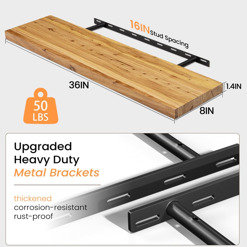 Fun Memories Floating Shelves for Wall, 36" Rustic Solid Elm Wood Wall Shelf, Heavy-Duty Wall Mounted Shelf with Invisible Brackets, Set of 2 for Living Room, Bedroom, Kitchen, Natural Finish - Image 3