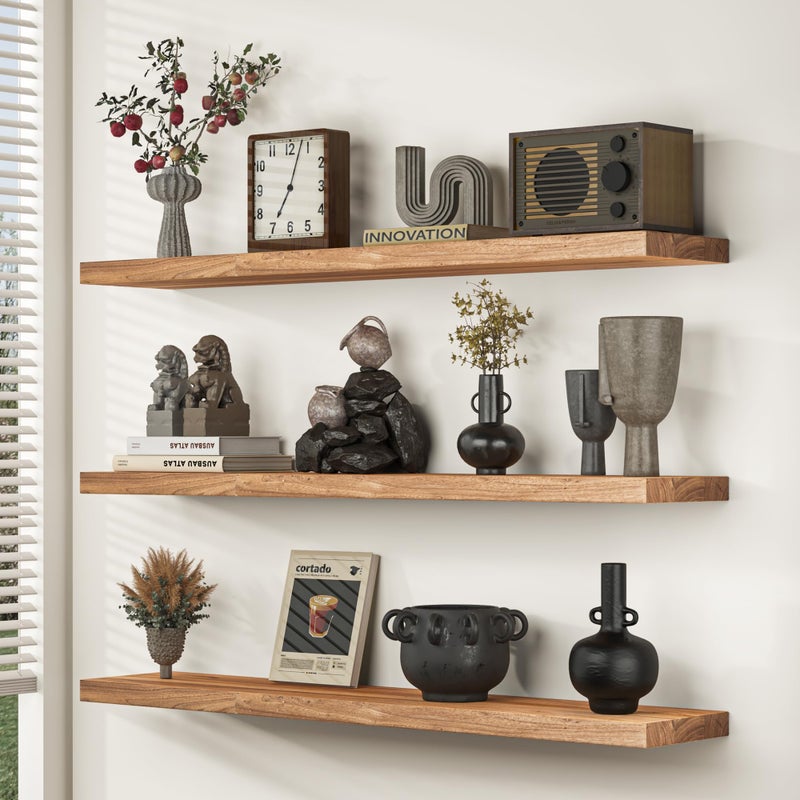 Fun Memories Floating Shelves for Wall, 36" Rustic Solid Elm Wood Wall Shelf, Heavy-Duty Wall Mounted Shelf with Invisible Brackets, Set of 2 for Living Room, Bedroom, Kitchen, Natural Finish - Image 2