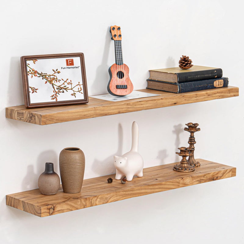 Fun Memories Floating Shelves for Wall, 36" Rustic Solid Elm Wood Wall Shelf, Heavy-Duty Wall Mounted Shelf with Invisible Brackets, Set of 2 for Living Room, Bedroom, Kitchen, Natural Finish - Image 1
