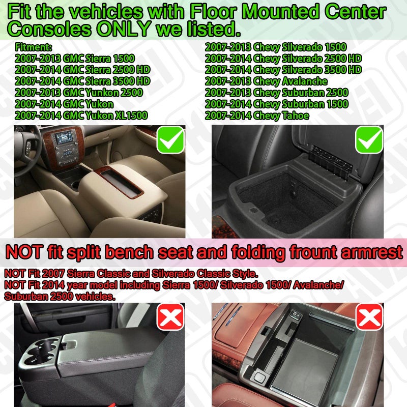 HGWEI Center Console Organizer Compatible with 2007-2014 Chevy Silverado GMC Sierra Avalanche Tahoe Suburban Yukon Yukon XL Accessories, Floor Mounted Center Console ONLY, Black Trim - Image 5