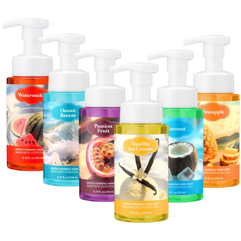 Swiffen 6 Pack Summer Foaming Hand Soap with Pump Care Moisturizing Liquid Scented Gentle Foam Hand Wash Employee Thank You Gift Bulk for Kitchen Bathroom Family Teacher Staff Doctor 8.75 Fl. oz - Image 1