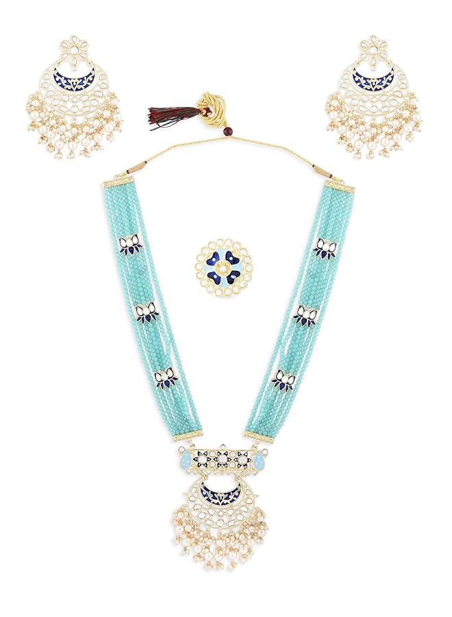 erorex Blue Multistrand Beaded Kundan Lotus Long Necklace Earring And Ring Set For Women Zpfk14608  - Image 1
