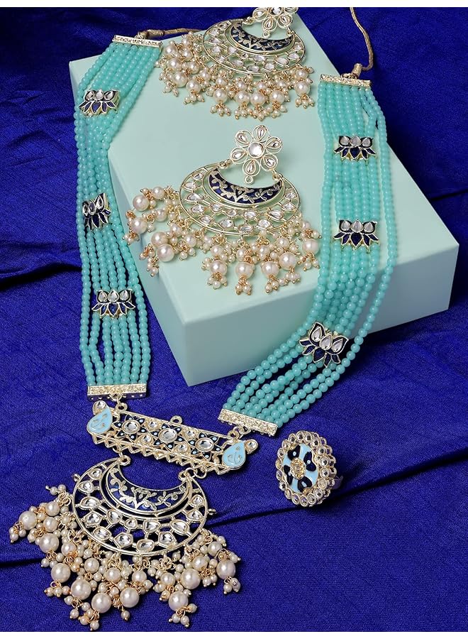 erorex Blue Multistrand Beaded Kundan Lotus Long Necklace Earring And Ring Set For Women Zpfk14608  - Image 3