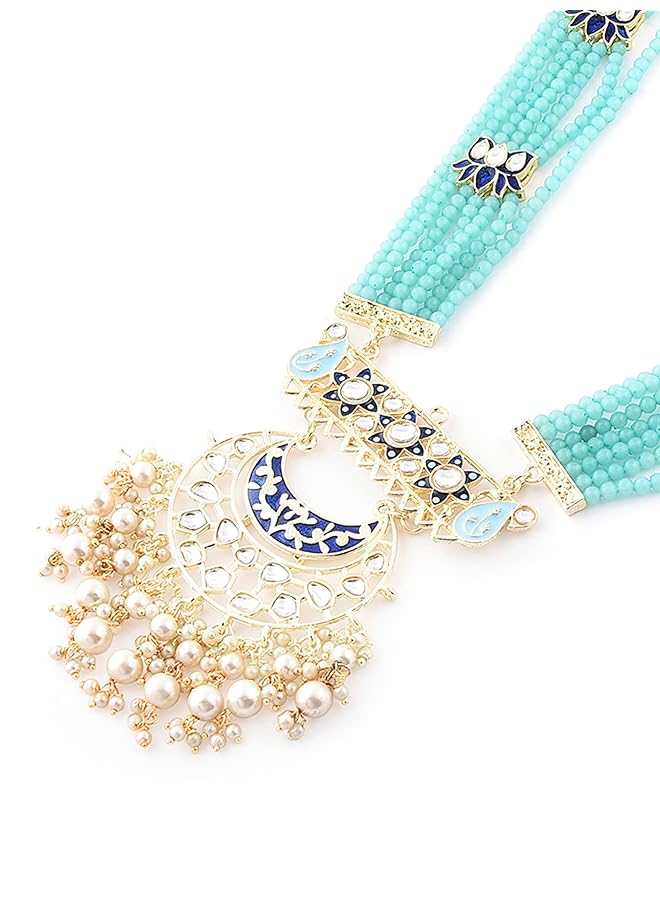 erorex Blue Multistrand Beaded Kundan Lotus Long Necklace Earring And Ring Set For Women Zpfk14608  - Image 4