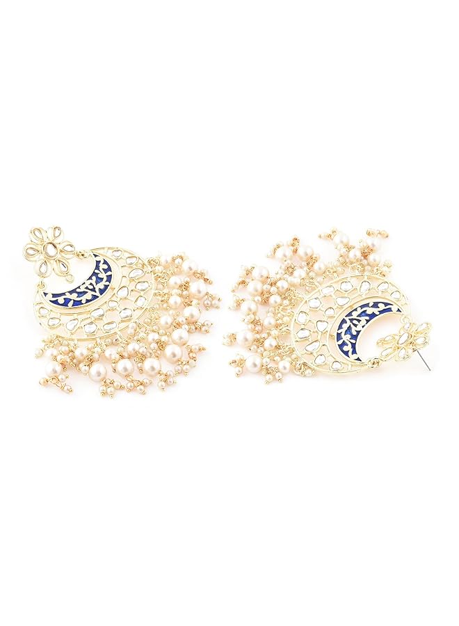 erorex Blue Multistrand Beaded Kundan Lotus Long Necklace Earring And Ring Set For Women Zpfk14608  - Image 5