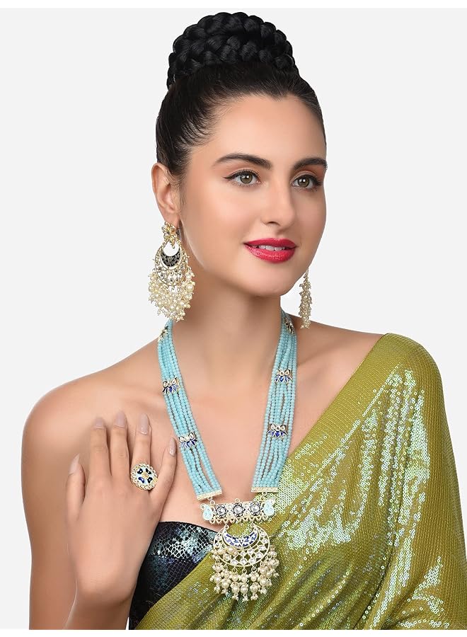 erorex Blue Multistrand Beaded Kundan Lotus Long Necklace Earring And Ring Set For Women Zpfk14608  - Image 2