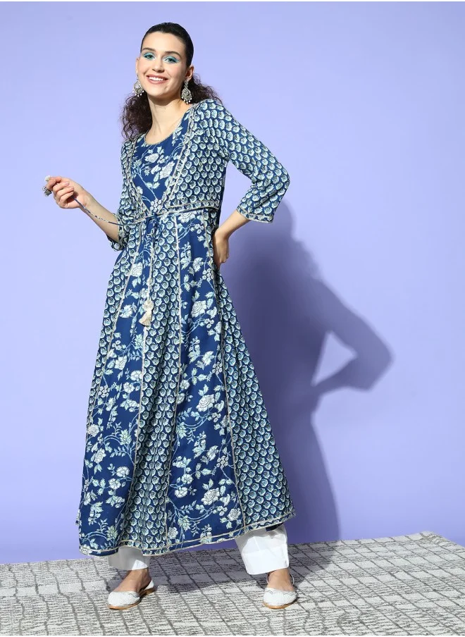 آي شين Women Deeo Blue Cotton Fluid Tie-Up Kurta