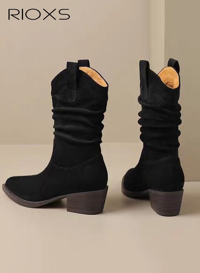 RIOXS Women's Boots, Modern Western Cowboy Boots, Mid Calf Pointed Toed Chunky Heel Booties, Ladies Casual Boots, Fashion Pull On Boots for Women, Lady's Platform Boot Calf Boot, BlackTosh Boots - Image 4