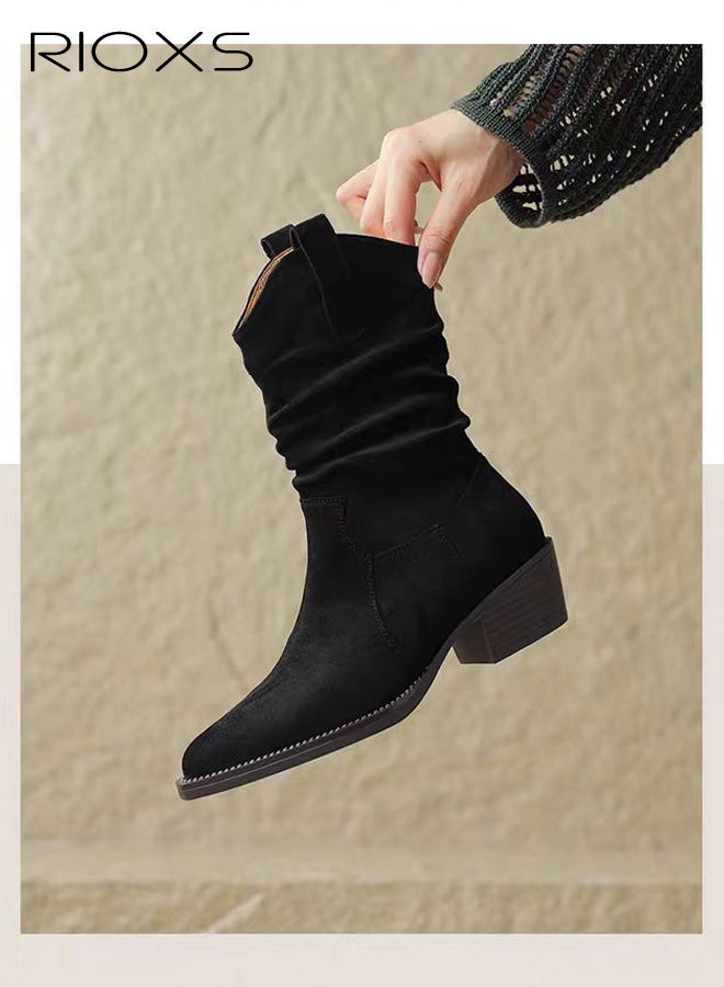 RIOXS Women's Boots, Modern Western Cowboy Boots, Mid Calf Pointed Toed Chunky Heel Booties, Ladies Casual Boots, Fashion Pull On Boots for Women, Lady's Platform Boot Calf Boot, BlackTosh Boots - Image 3