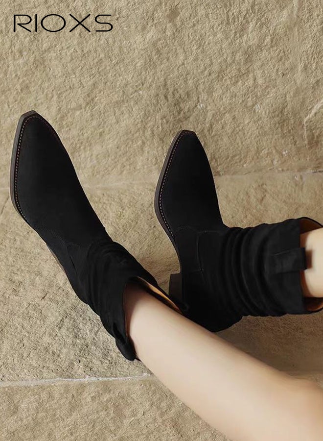 RIOXS Women's Boots, Modern Western Cowboy Boots, Mid Calf Pointed Toed Chunky Heel Booties, Ladies Casual Boots, Fashion Pull On Boots for Women, Lady's Platform Boot Calf Boot, BlackTosh Boots - Image 5