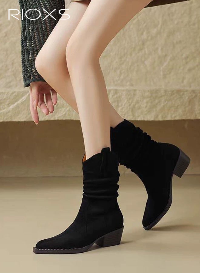 RIOXS Women's Boots, Modern Western Cowboy Boots, Mid Calf Pointed Toed Chunky Heel Booties, Ladies Casual Boots, Fashion Pull On Boots for Women, Lady's Platform Boot Calf Boot, BlackTosh Boots - Image 1